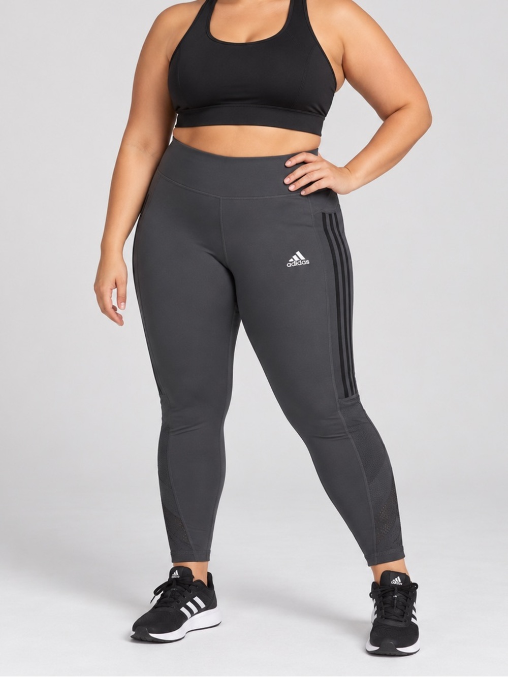 adidas Plus-Size High-Waist Leggings with 3-Stripes in Charcoal Gray-NWT